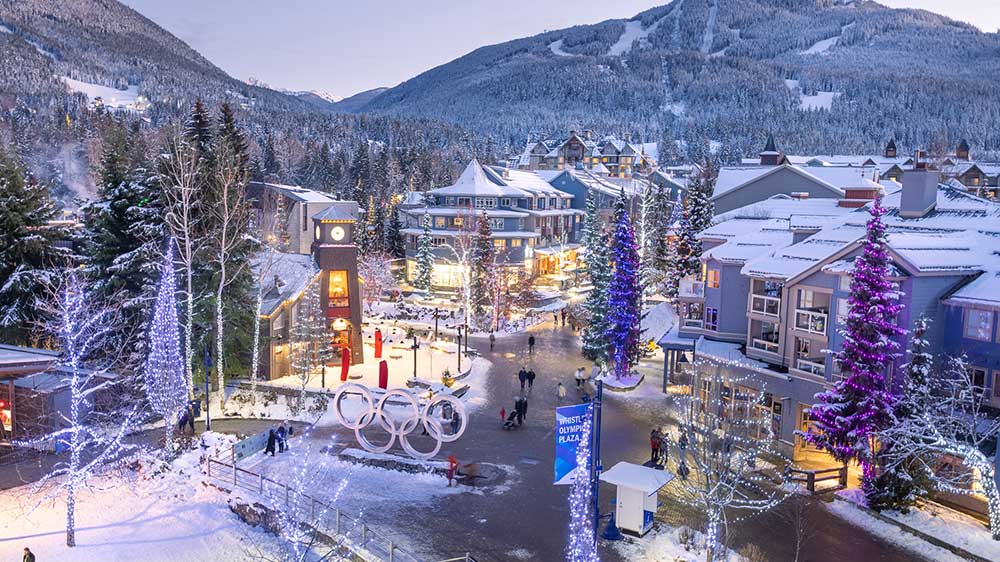 Whistler village covered in snow.